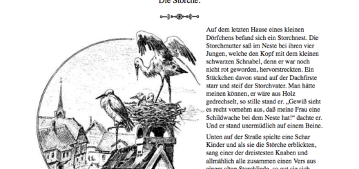 Die Störche (H. C. Andersen) Märchen. Tiergeschichte. Naturmärchen. Inhalt: Auf dem letzten Hause eines kleinen Dörfchens befand sich ein Storchnest.