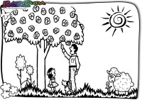 Frühling-Ausmalbild-Baum Frühlingsbild Malvorlage Vater und Kind unter Baum Ausdrucken und Ausmalen.