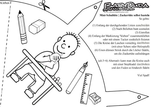 Basteltipp: Schultüte Schuljunge. Vorlage Zuckertüte Ausdrucken, Ausschneiden, Ausmalen