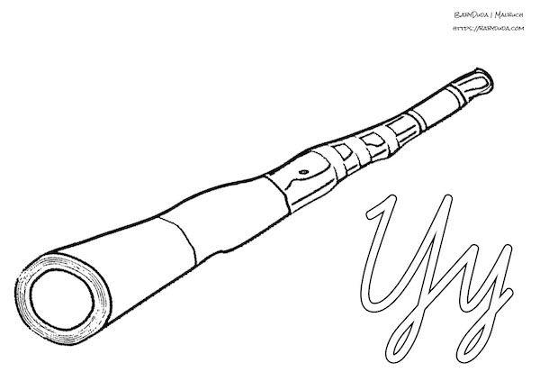 Ausmalbild Y wie Yidaki zum Ausdrucken. Musik Vorlagen für Vorschule zum Ausmalen. ABC lernen.