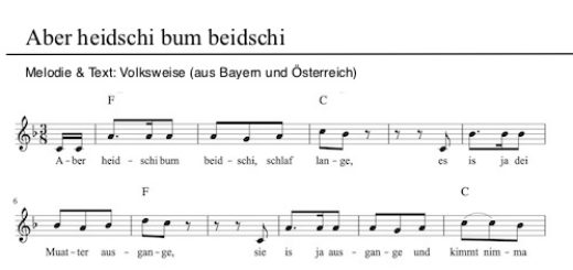 Aber heidschi, bumbeidschi, schlaf lange. Noten F-Dur. Kinderlied, Schlaflied, Weihnachtslied für Kinder. Gemafrei und kostenlos für Kita, Schule, Grundschule, Chor