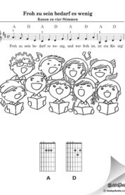 Froh zu sein bedarf es wenig - Kanon Akkorde, D-Dur Noten. Kostenloses Kinderlied Noten PDF & Text Download. MP3 anhören & gratis herunterladen. Für Kita & Schule gemafrei