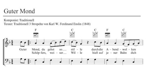 Schlaflied - Guter Mond - 3 Strophen. Wiegenlied zum Einschlafen für Kinder. Noten Mehrstimmig F-Dur. Kita, Schule, Chor kostenlos für pädagogische Arbeit