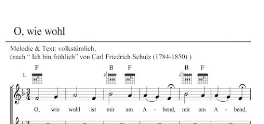 Schlaflied - O, wie wohl. Wiegenlieder für Kinder. Noten Mehrstimmig F-Dur. Mit Gitarrengriff kostenlos für pädagogische Arbeit. Abendlied für Kinder ? Klavier ✦ Gitarre ✦ Noten ✦ Akkorde ✦ Kanon: O wie wohl ist mir am Abend, wenn zur Ruh die Glocken läuten: bim, bam, bam, bam.